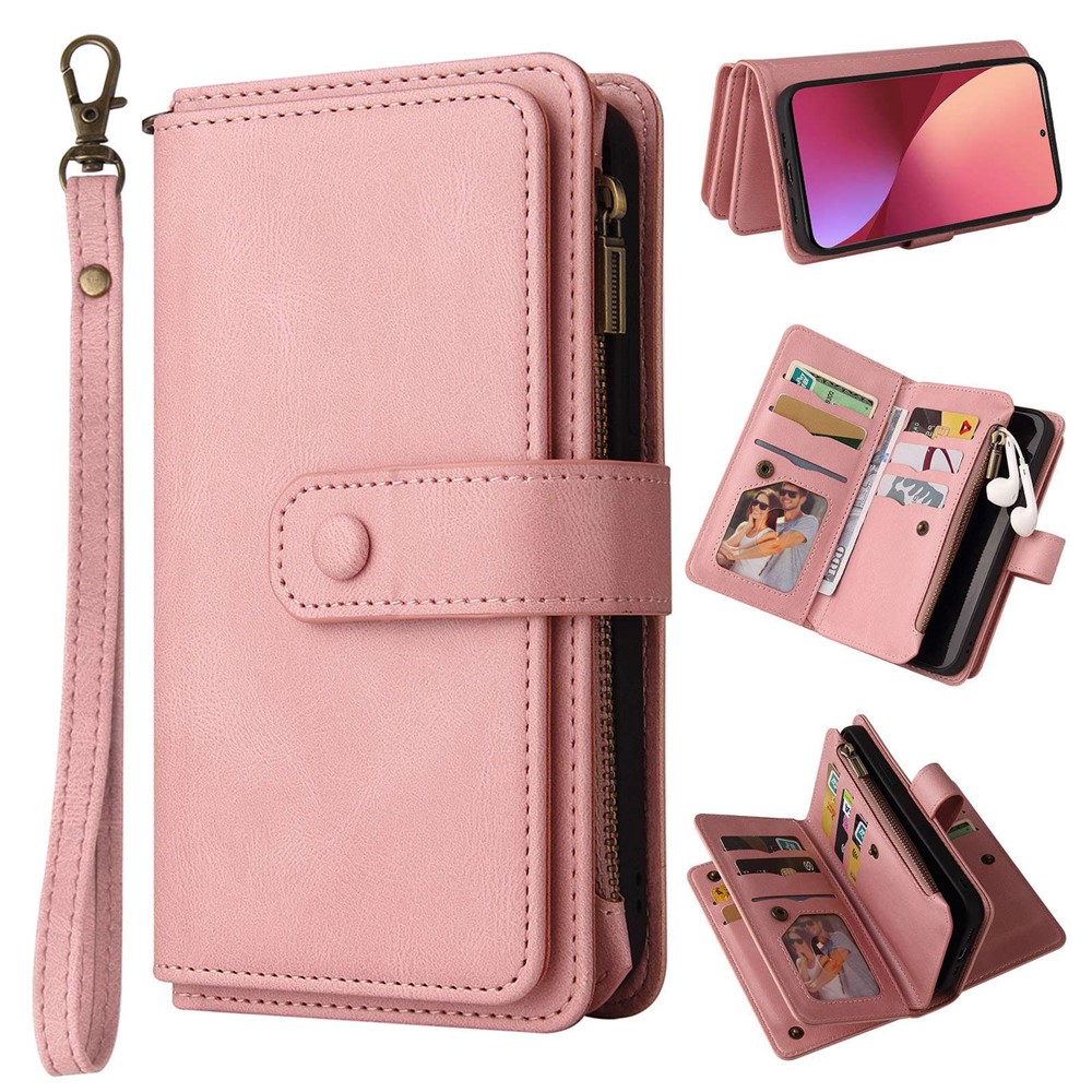 For Xiaomi 12/12X KT Multi-functional Series-2 Multiple Card Slots Protective Phone Case PU Leather + TPU Zipper Pocket Cover - Pink-1