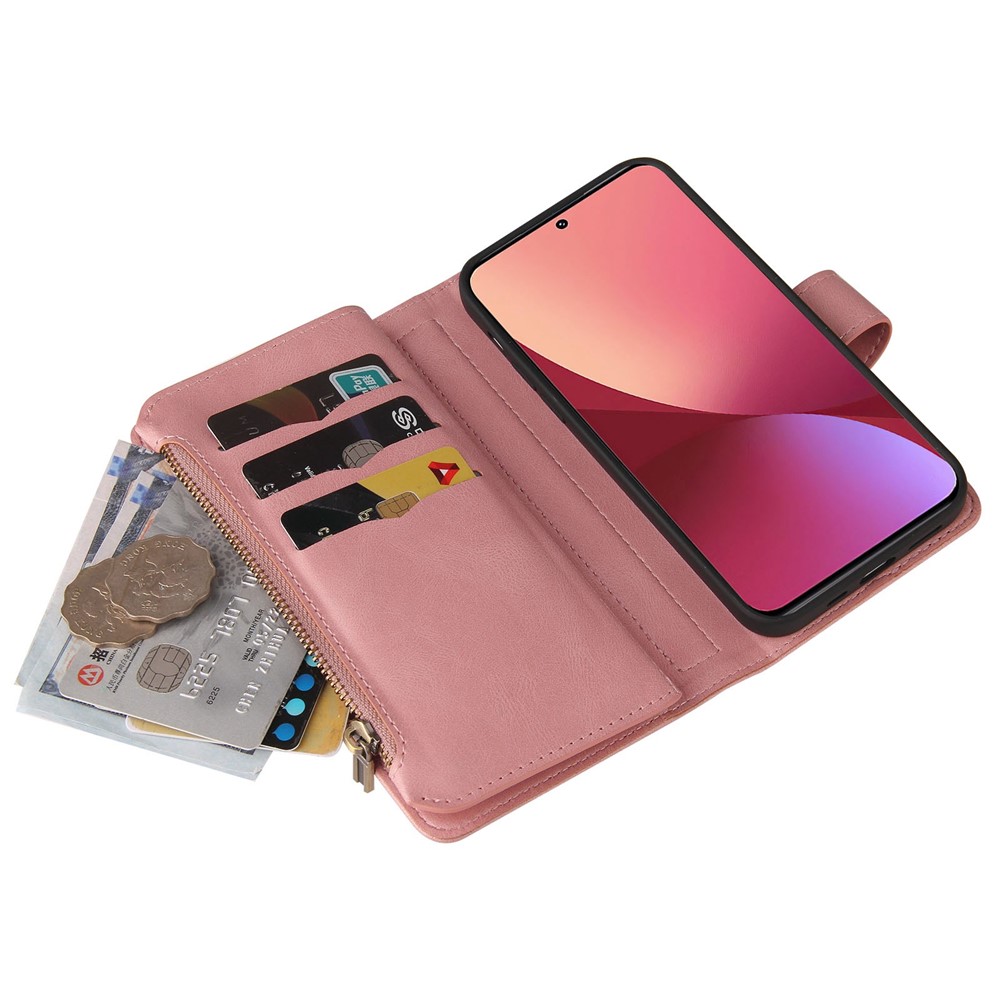 For Xiaomi 12/12X KT Multi-functional Series-2 Multiple Card Slots Protective Phone Case PU Leather + TPU Zipper Pocket Cover - Pink-10