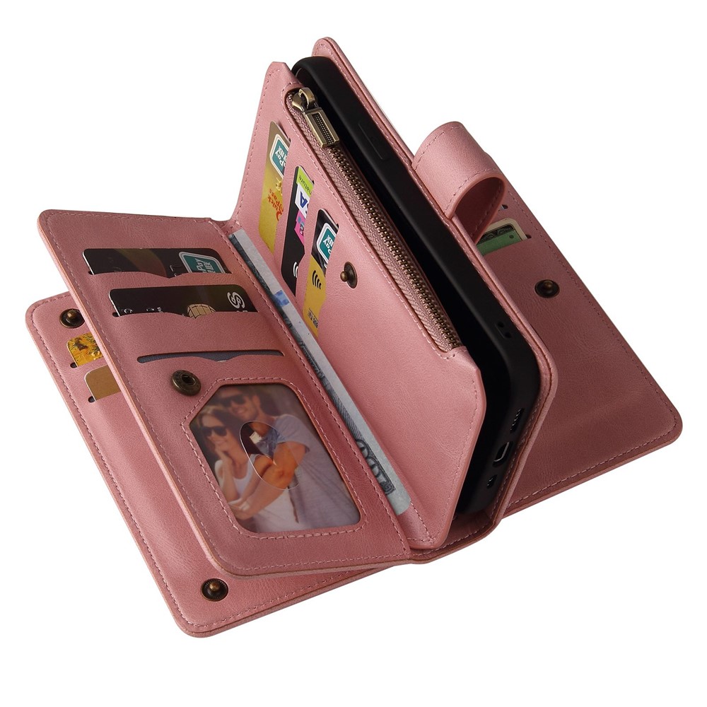 For Xiaomi 12/12X KT Multi-functional Series-2 Multiple Card Slots Protective Phone Case PU Leather + TPU Zipper Pocket Cover - Pink-5