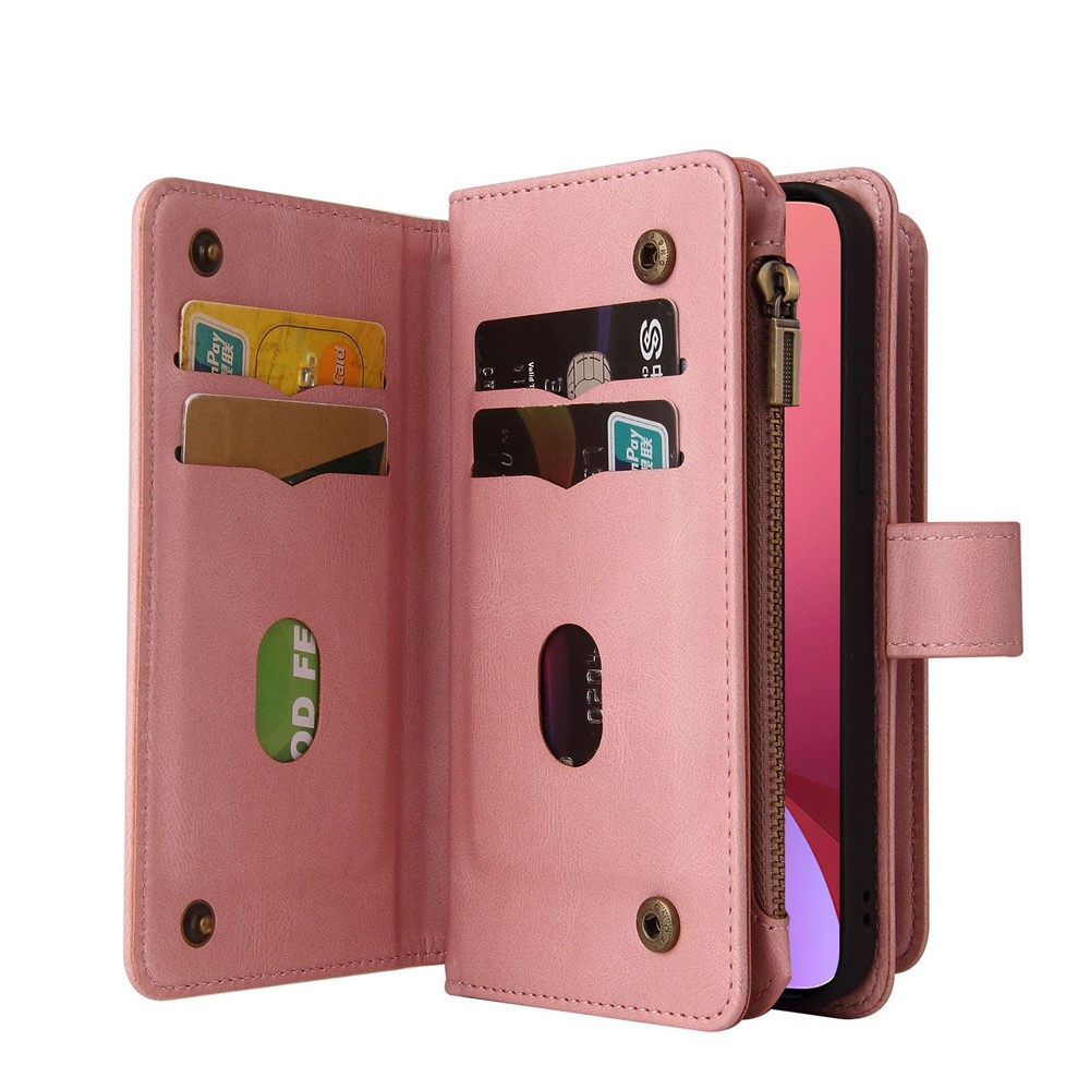 For Xiaomi 12/12X KT Multi-functional Series-2 Multiple Card Slots Protective Phone Case PU Leather + TPU Zipper Pocket Cover - Pink-6