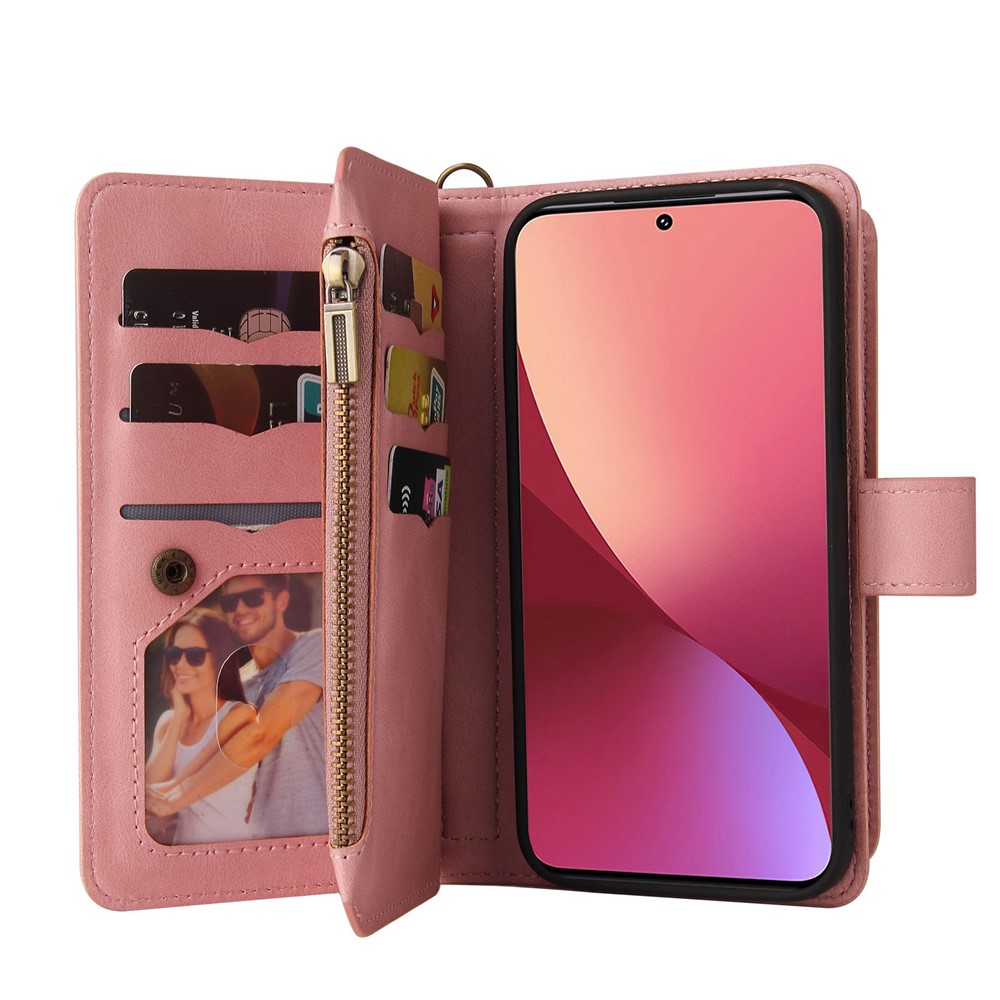 For Xiaomi 12/12X KT Multi-functional Series-2 Multiple Card Slots Protective Phone Case PU Leather + TPU Zipper Pocket Cover - Pink-7