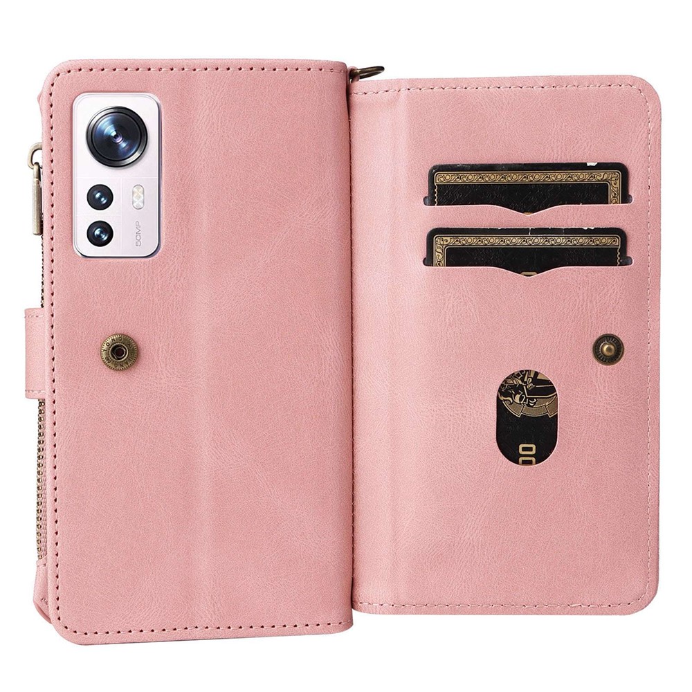 For Xiaomi 12/12X KT Multi-functional Series-2 Multiple Card Slots Protective Phone Case PU Leather + TPU Zipper Pocket Cover - Pink-9