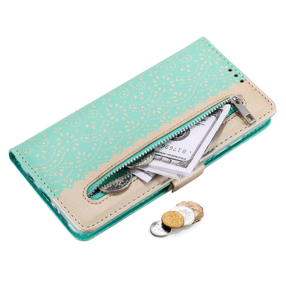 For Xiaomi Redmi Note 11 Pro 4G (MediaTek)/Note 11 Pro 5G (Qualcomm) Lace Flower Pattern Flip Zipper Wallet Phone Case Stand Feature Bowknot Wrist Strap Leather Handbag - Green-4