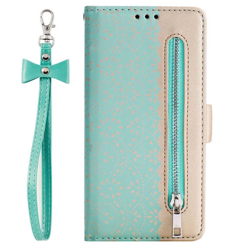 For Xiaomi Redmi Note 11 Pro 4G (MediaTek)/Note 11 Pro 5G (Qualcomm) Lace Flower Pattern Flip Zipper Wallet Phone Case Stand Feature Bowknot Wrist Strap Leather Handbag - Green-5