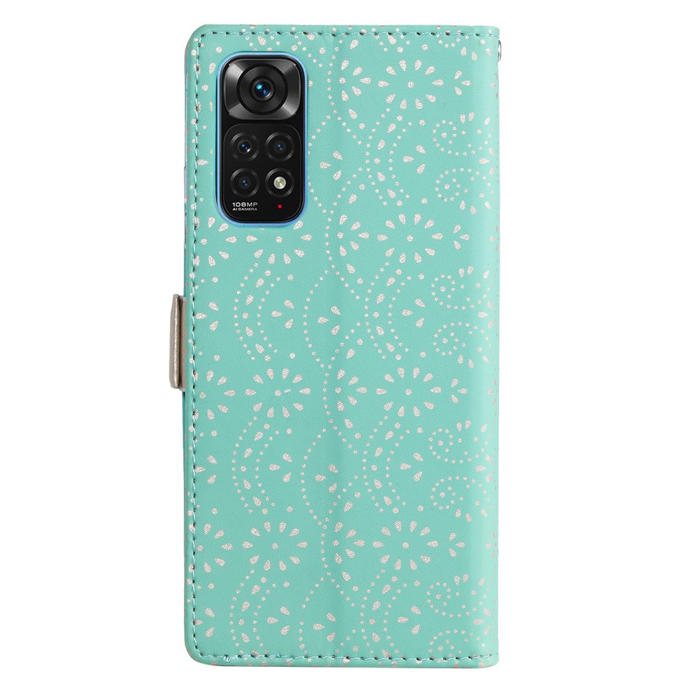 For Xiaomi Redmi Note 11 Pro 4G (MediaTek)/Note 11 Pro 5G (Qualcomm) Lace Flower Pattern Flip Zipper Wallet Phone Case Stand Feature Bowknot Wrist Strap Leather Handbag - Green-6