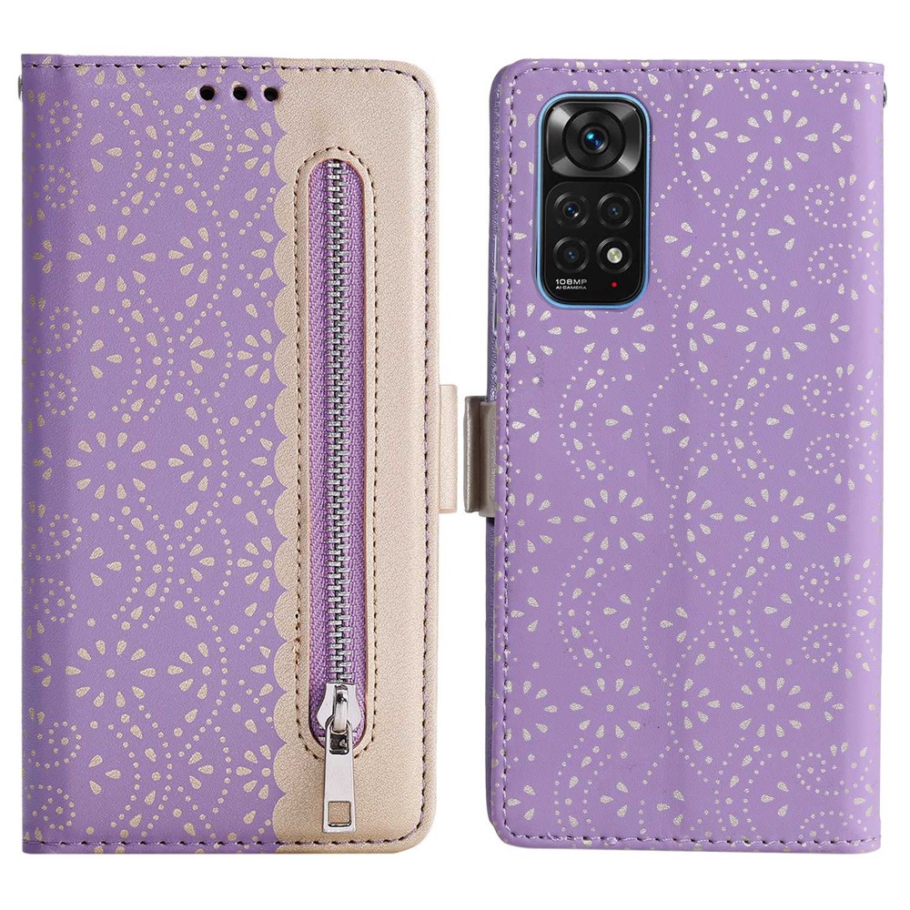 For Xiaomi Redmi Note 11 4G (Qualcomm)/Redmi Note 11S 4G Zipper Wallet Case Lace Flower Pattern PU Leather Bowknot Wrist Strap Stand Phone Cover - Purple-1