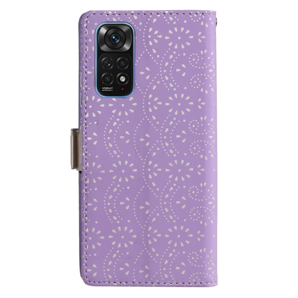 For Xiaomi Redmi Note 11 4G (Qualcomm)/Redmi Note 11S 4G Zipper Wallet Case Lace Flower Pattern PU Leather Bowknot Wrist Strap Stand Phone Cover - Purple-6
