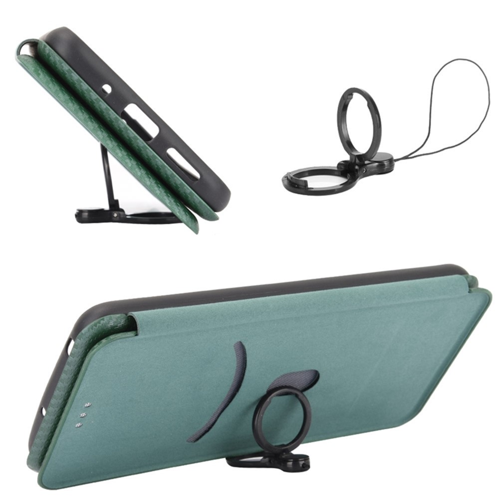 For Xiaomi Redmi Note 11E Carbon Fiber Leather Flip Stand Case Card Holder All-Inclusive Shockproof Magnetic Auto-absorbed Cell Accessories Phone Cover - Green-6