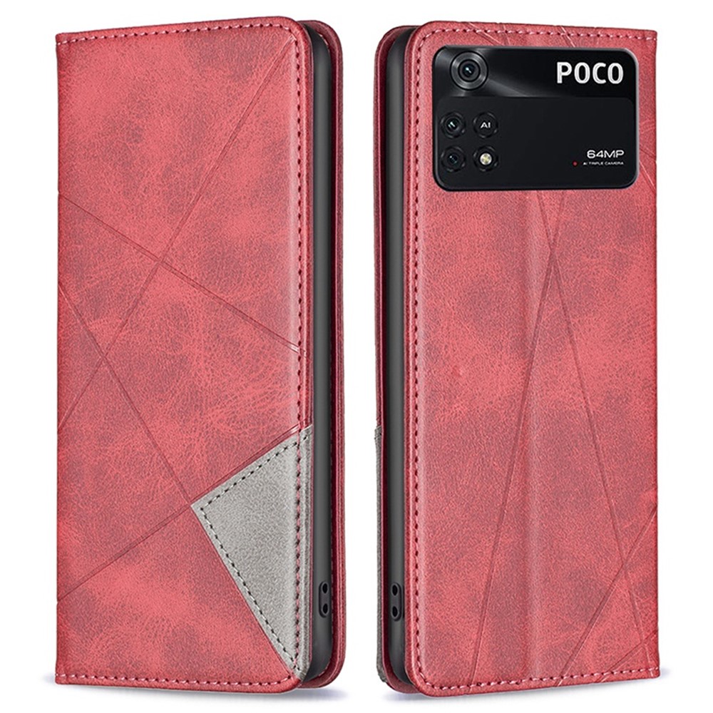 BF Imprinting Pattern Series-1 for Xiaomi Poco M4 Pro 4G PU Leather Card Holder Imprinting Rhombus Pattern Phone Case Bag - Red-1