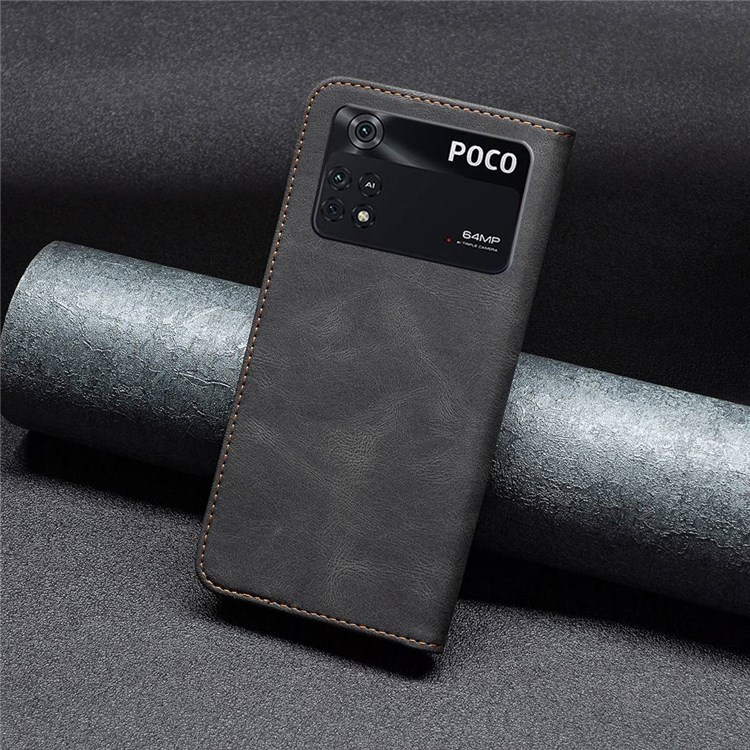 BINFEN COLOR BF Leather Case Series-5 for Xiaomi Poco M4 Pro 4G, 08 RFID Blocking PU Leather Phone Cover Magnetic Auto-absorbed Stand Wallet Protective Case - Black-6