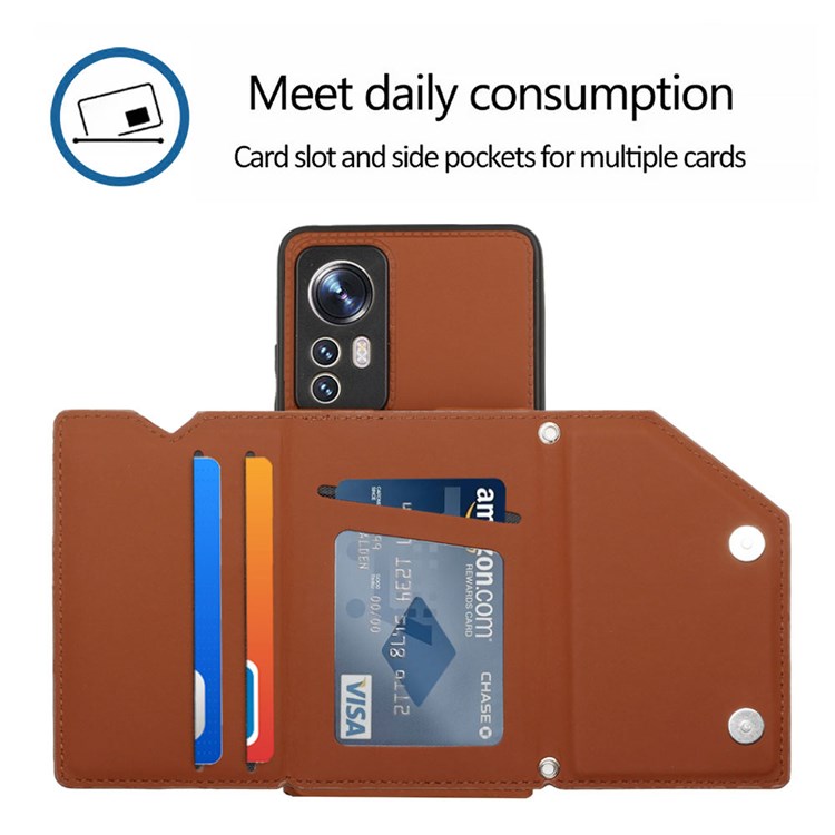 YB Leather Coating Series-2 for Xiaomi 12/12X Anti-drop PU Leather Coated TPU Case with Strap Card Holder Kickstand Phone Shell - Brown-3