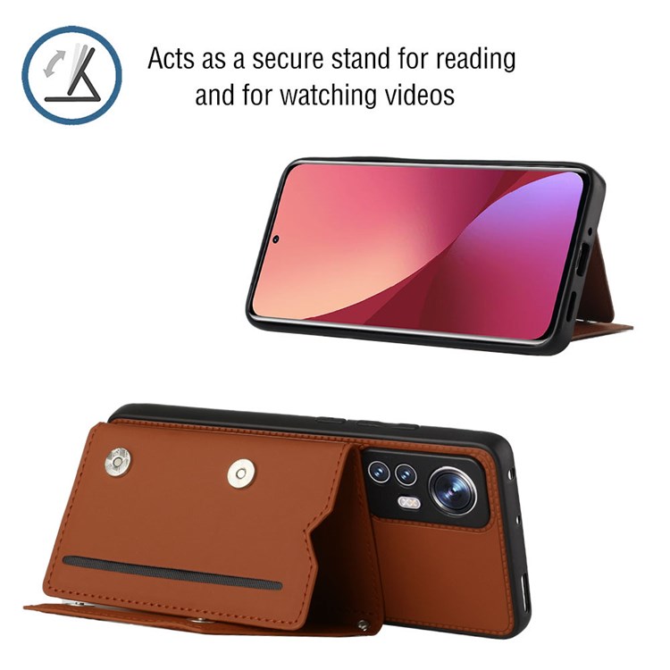 YB Leather Coating Series-2 for Xiaomi 12/12X Anti-drop PU Leather Coated TPU Case with Strap Card Holder Kickstand Phone Shell - Brown-4