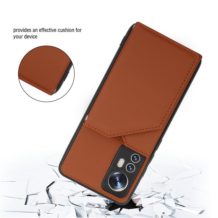 YB Leather Coating Series-2 for Xiaomi 12/12X Anti-drop PU Leather Coated TPU Case with Strap Card Holder Kickstand Phone Shell - Brown-5