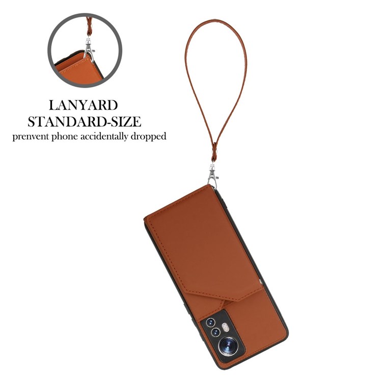 YB Leather Coating Series-2 for Xiaomi 12/12X Anti-drop PU Leather Coated TPU Case with Strap Card Holder Kickstand Phone Shell - Brown-6