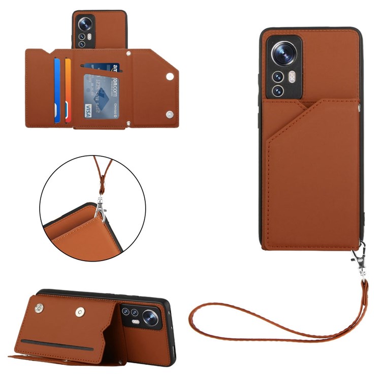 YB Leather Coating Series-2 for Xiaomi 12/12X Anti-drop PU Leather Coated TPU Case with Strap Card Holder Kickstand Phone Shell - Brown-7