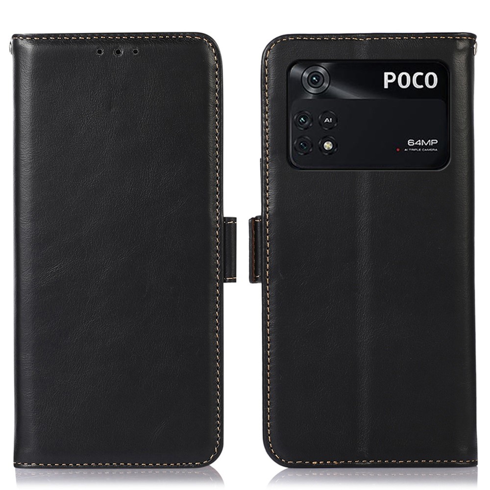 For Xiaomi Poco M4 Pro 4G Wear-resistant Genuine Cowhide Leather Shell Crazy Horse Texture Wallet RFID Blocking Stand Phone Case - Black-1