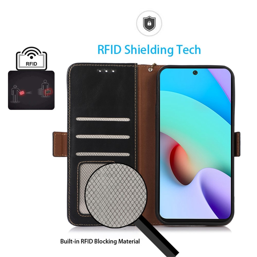 For Xiaomi Poco M4 Pro 4G Wear-resistant Genuine Cowhide Leather Shell Crazy Horse Texture Wallet RFID Blocking Stand Phone Case - Black-4