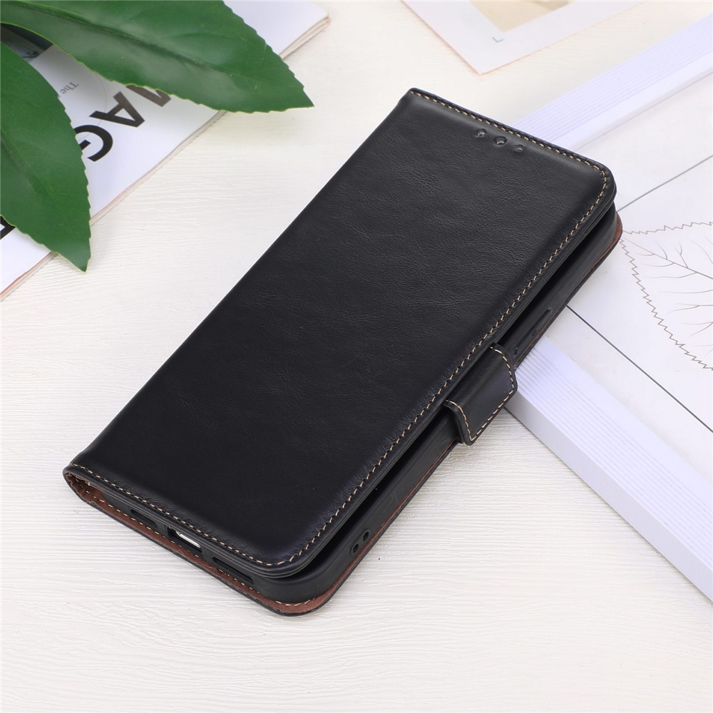 For Xiaomi Poco M4 Pro 4G Wear-resistant Genuine Cowhide Leather Shell Crazy Horse Texture Wallet RFID Blocking Stand Phone Case - Black-7