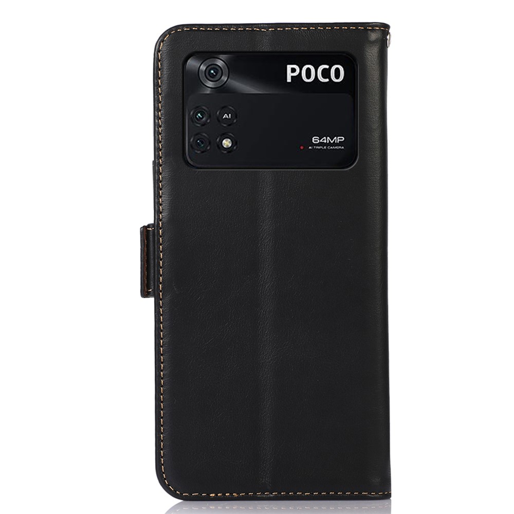 For Xiaomi Poco M4 Pro 4G Wear-resistant Genuine Cowhide Leather Shell Crazy Horse Texture Wallet RFID Blocking Stand Phone Case - Black-9