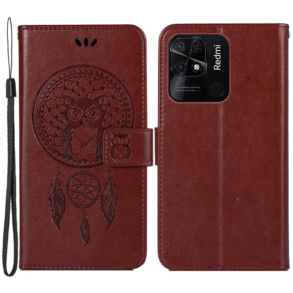 For Xiaomi Redmi 10C/Redmi 10 (India) All-around Protection Imprinting Owl Dream Catcher Cover Anti-fall Wallet Stand Leather Phone Case with Strap - Brown-1