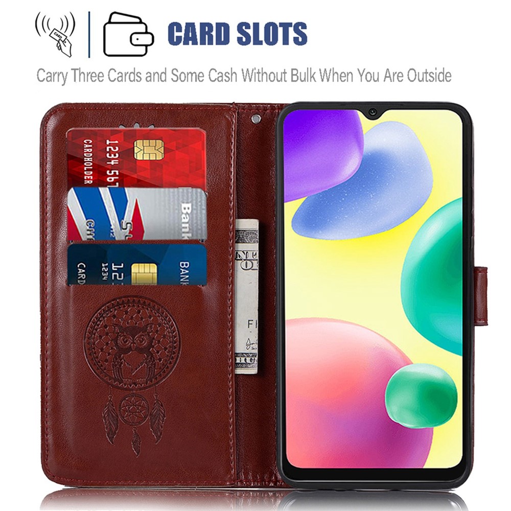 For Xiaomi Redmi 10C/Redmi 10 (India) All-around Protection Imprinting Owl Dream Catcher Cover Anti-fall Wallet Stand Leather Phone Case with Strap - Brown-3