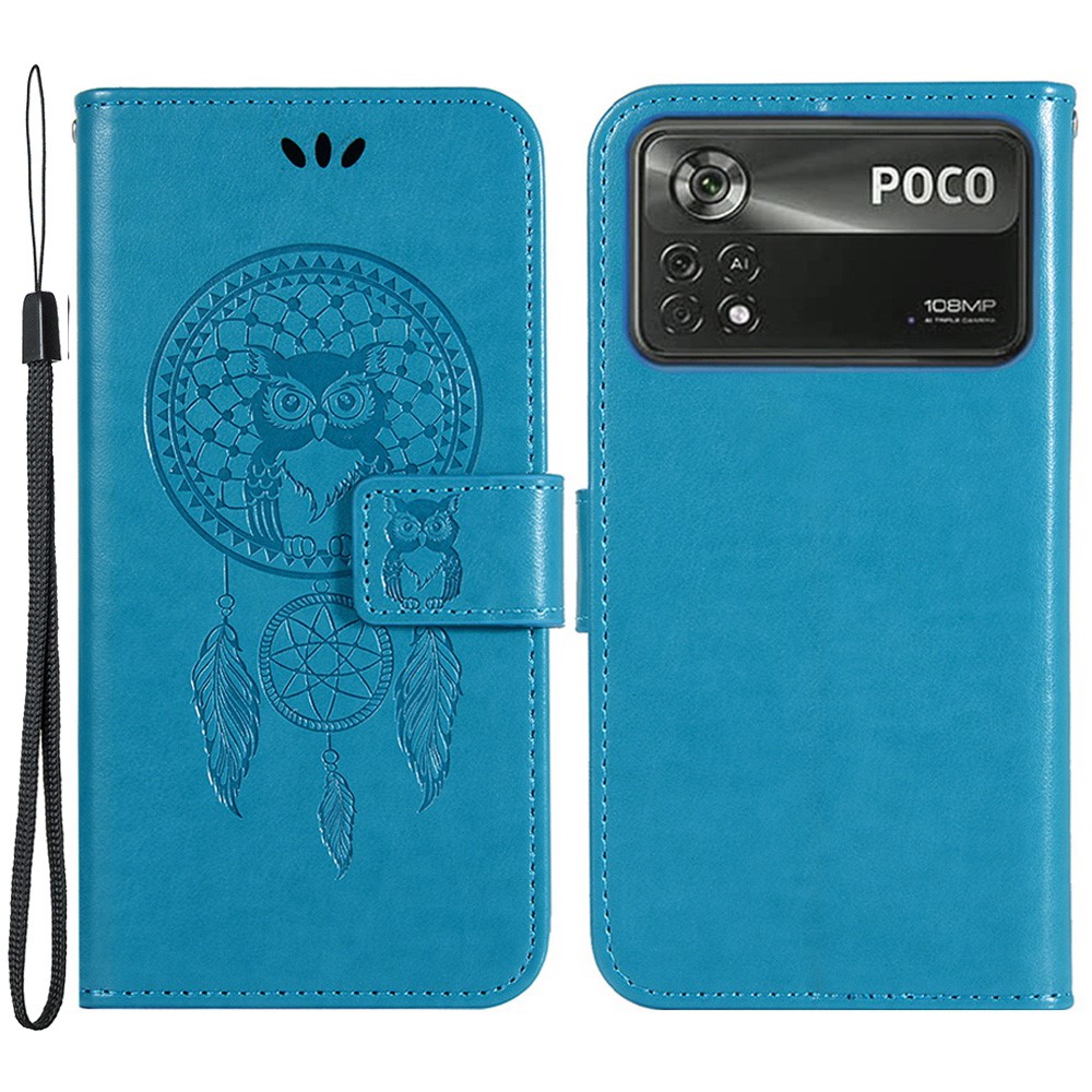For Xiaomi Poco M4 Pro 4G Well-protected Imprinting Owl Dream Catcher Cover Wallet Stand Function Leather Phone Case with Strap - Blue-1