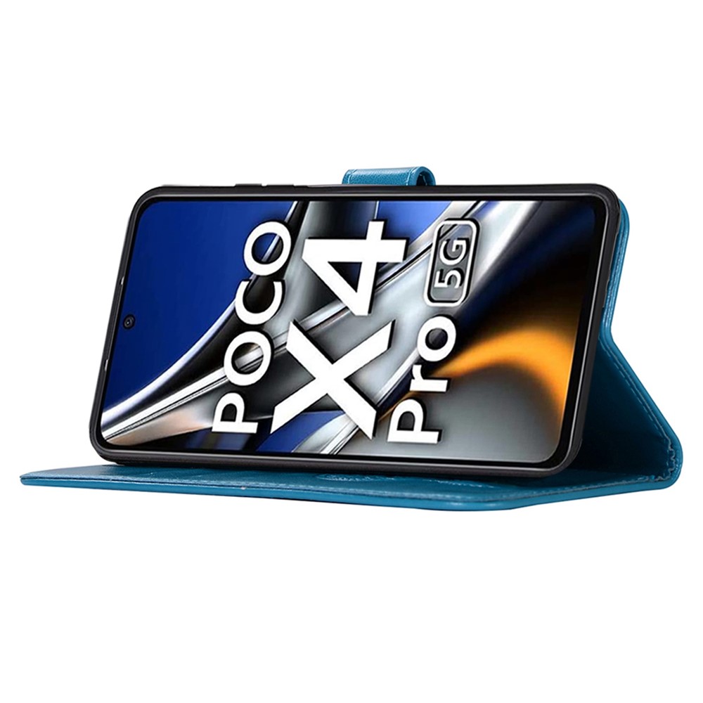 For Xiaomi Poco M4 Pro 4G Well-protected Imprinting Owl Dream Catcher Cover Wallet Stand Function Leather Phone Case with Strap - Blue-2