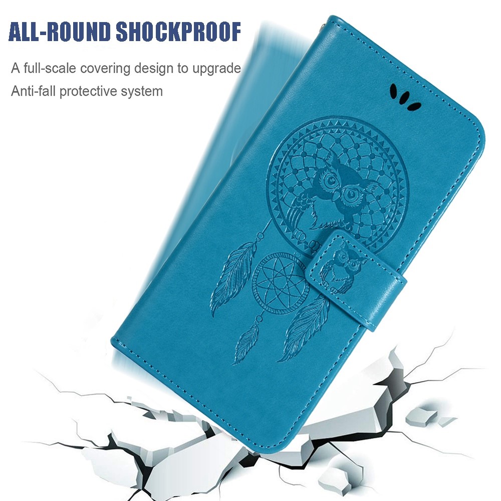 For Xiaomi Poco M4 Pro 4G Well-protected Imprinting Owl Dream Catcher Cover Wallet Stand Function Leather Phone Case with Strap - Blue-5