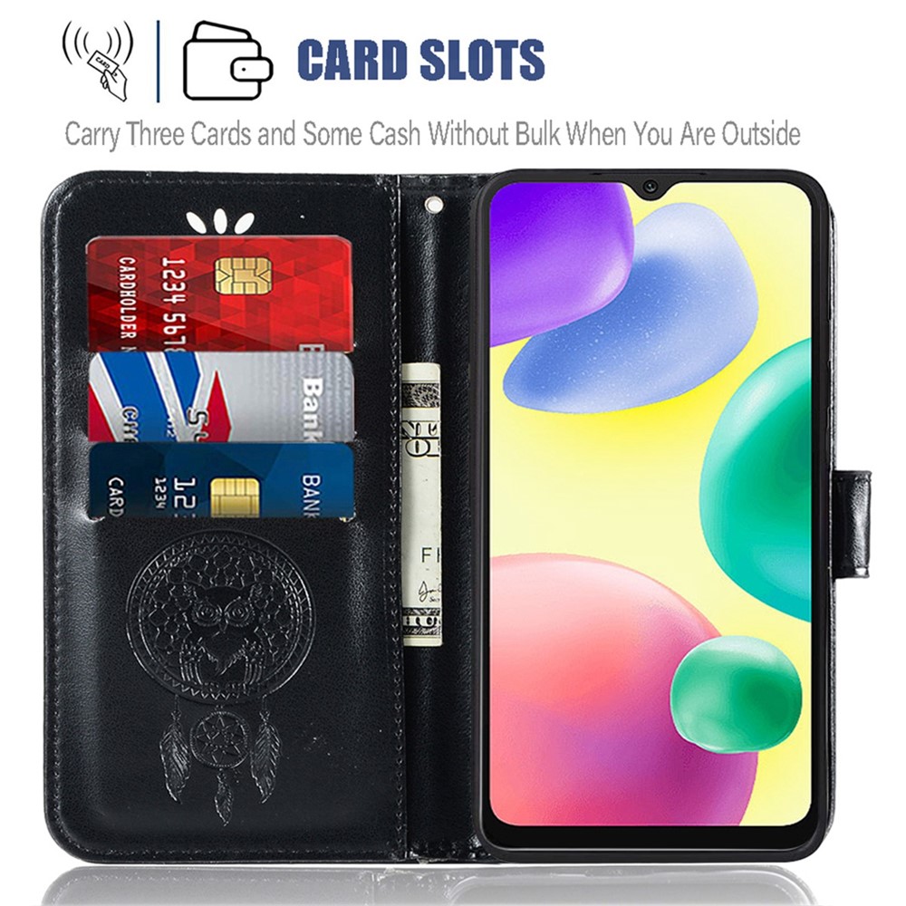 For Xiaomi Redmi 10A Wallet Style Imprinting Owl Dream Catcher Cover Stand Leather Well-protected Phone Case with Strap - Black-3