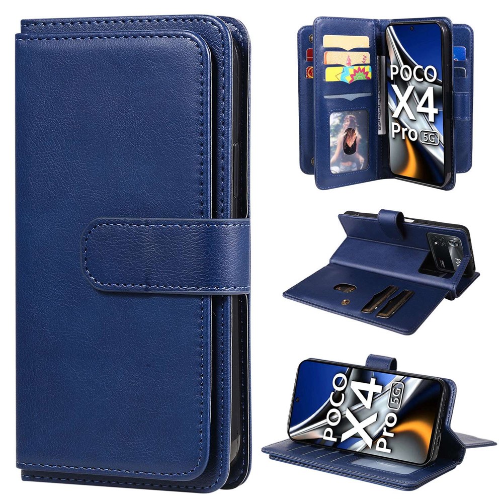 KT Multi-functional Series-1 for Xiaomi Poco X4 Pro 5G Leather Stand 10 Card Slot Protective Case TPU Shockproof Interior Shell Wallet Phone Cover - Dark Blue-1