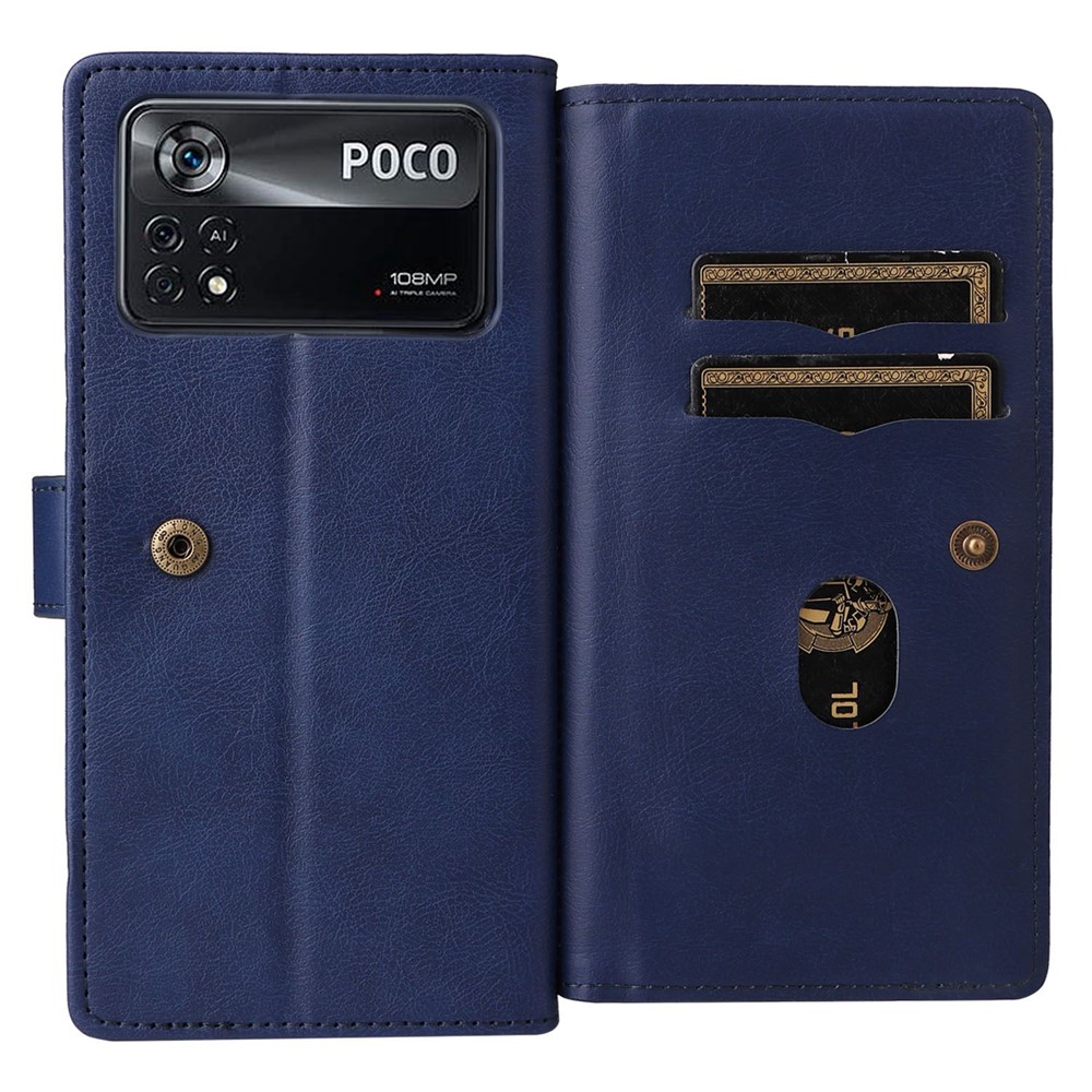 KT Multi-functional Series-1 for Xiaomi Poco X4 Pro 5G Leather Stand 10 Card Slot Protective Case TPU Shockproof Interior Shell Wallet Phone Cover - Dark Blue-6