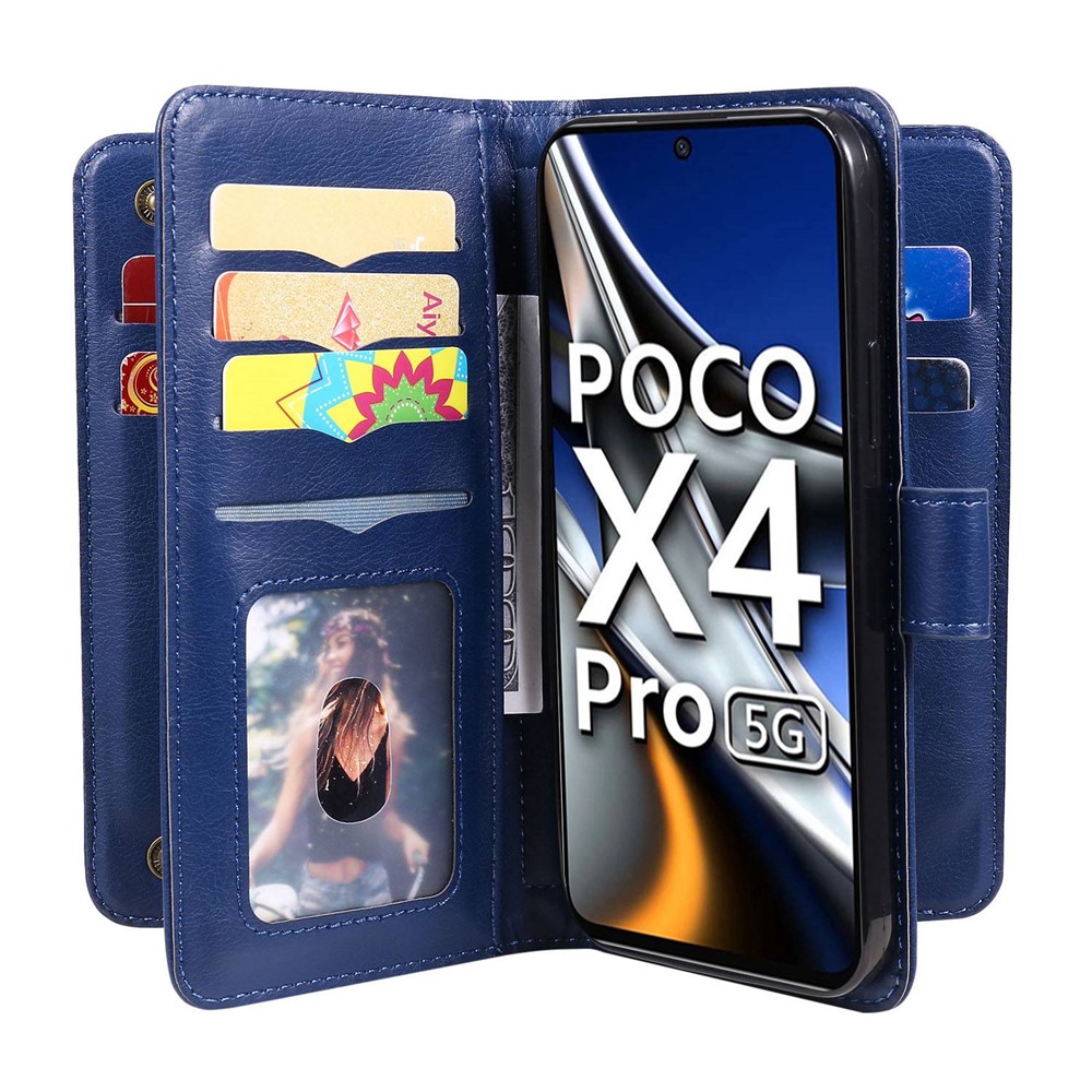 KT Multi-functional Series-1 for Xiaomi Poco X4 Pro 5G Leather Stand 10 Card Slot Protective Case TPU Shockproof Interior Shell Wallet Phone Cover - Dark Blue-7