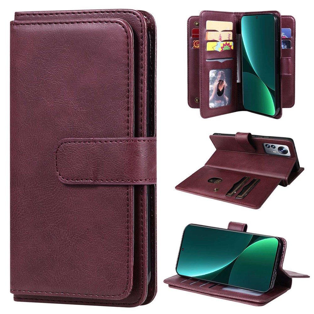KT Multi-functional Series-1 for Xiaomi 12 Pro 10-Card Slots Design PU Leather Folio Flip Case Full Body Protection Stand Wallet Phone Cover - Wine Red-1