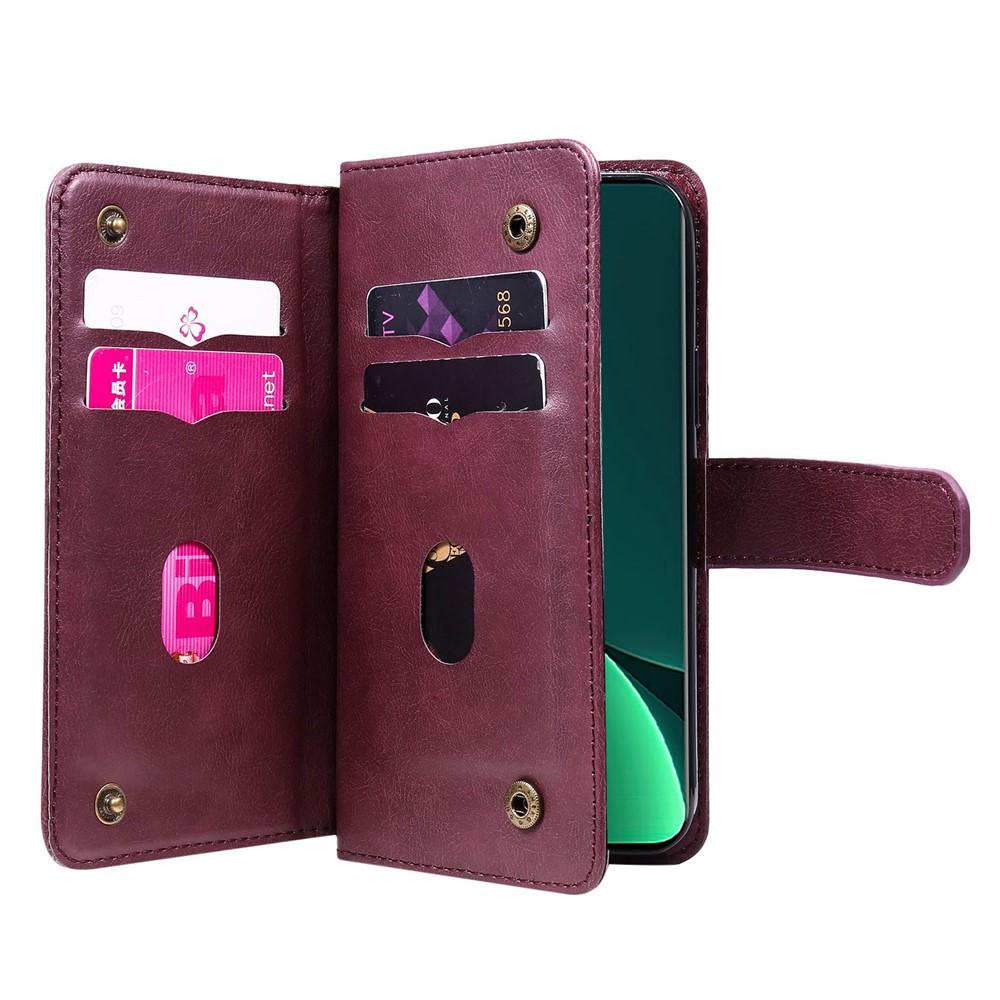 KT Multi-functional Series-1 for Xiaomi 12 Pro 10-Card Slots Design PU Leather Folio Flip Case Full Body Protection Stand Wallet Phone Cover - Wine Red-4