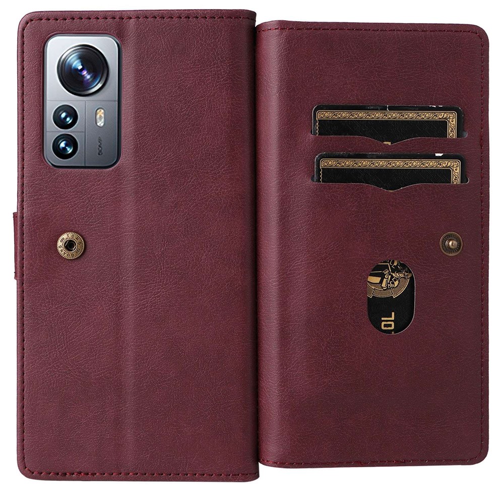 KT Multi-functional Series-1 for Xiaomi 12 Pro 10-Card Slots Design PU Leather Folio Flip Case Full Body Protection Stand Wallet Phone Cover - Wine Red-6