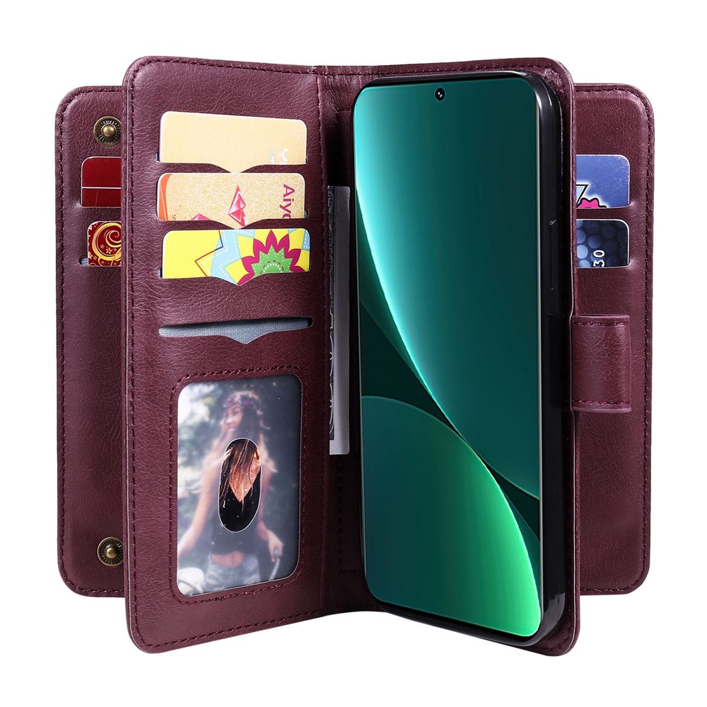KT Multi-functional Series-1 for Xiaomi 12 Pro 10-Card Slots Design PU Leather Folio Flip Case Full Body Protection Stand Wallet Phone Cover - Wine Red-7