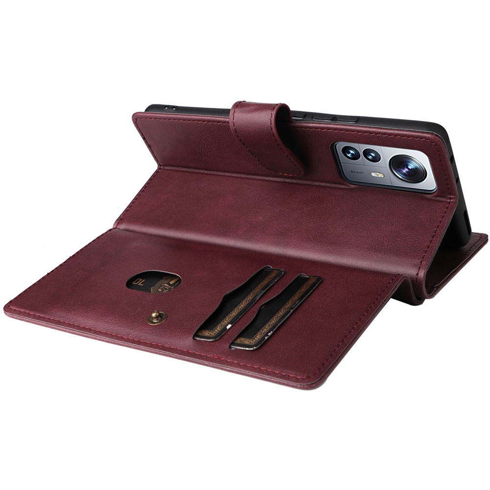 KT Multi-functional Series-1 for Xiaomi 12 Pro 10-Card Slots Design PU Leather Folio Flip Case Full Body Protection Stand Wallet Phone Cover - Wine Red-8