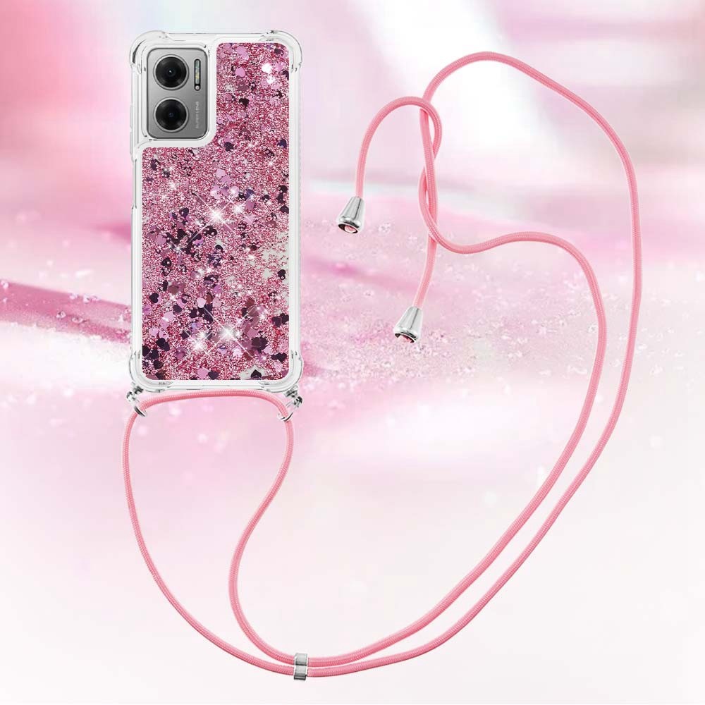 YB Quicksand Series-4 for Xiaomi Poco M4 5G/Redmi 10 5G Fashionable Shiny Glitter Liquid Quicksand Phone Protector TPU Shell with Lanyard - Rose Gold/Hearts-2