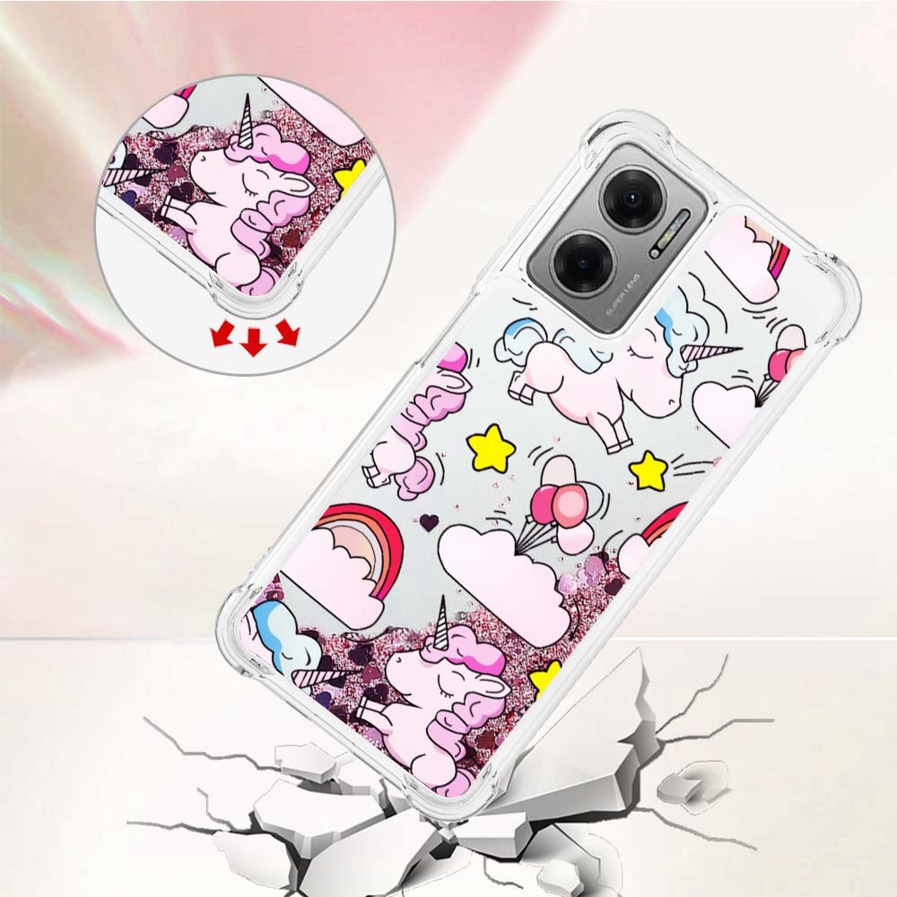 For Xiaomi Poco M4 5G/Redmi 10 5G YB Quicksand Series-2 Liquid Floating Case Pattern Printing Design Wear-resistant Stylish Soft TPU Glitter Quicksand Shell - Unicorn and Clouds-2