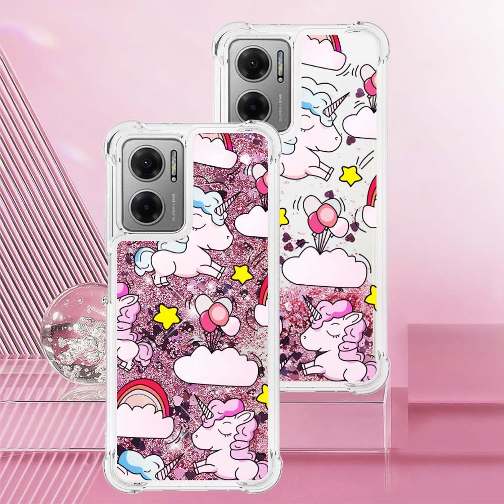 For Xiaomi Poco M4 5G/Redmi 10 5G YB Quicksand Series-2 Liquid Floating Case Pattern Printing Design Wear-resistant Stylish Soft TPU Glitter Quicksand Shell - Unicorn and Clouds-5