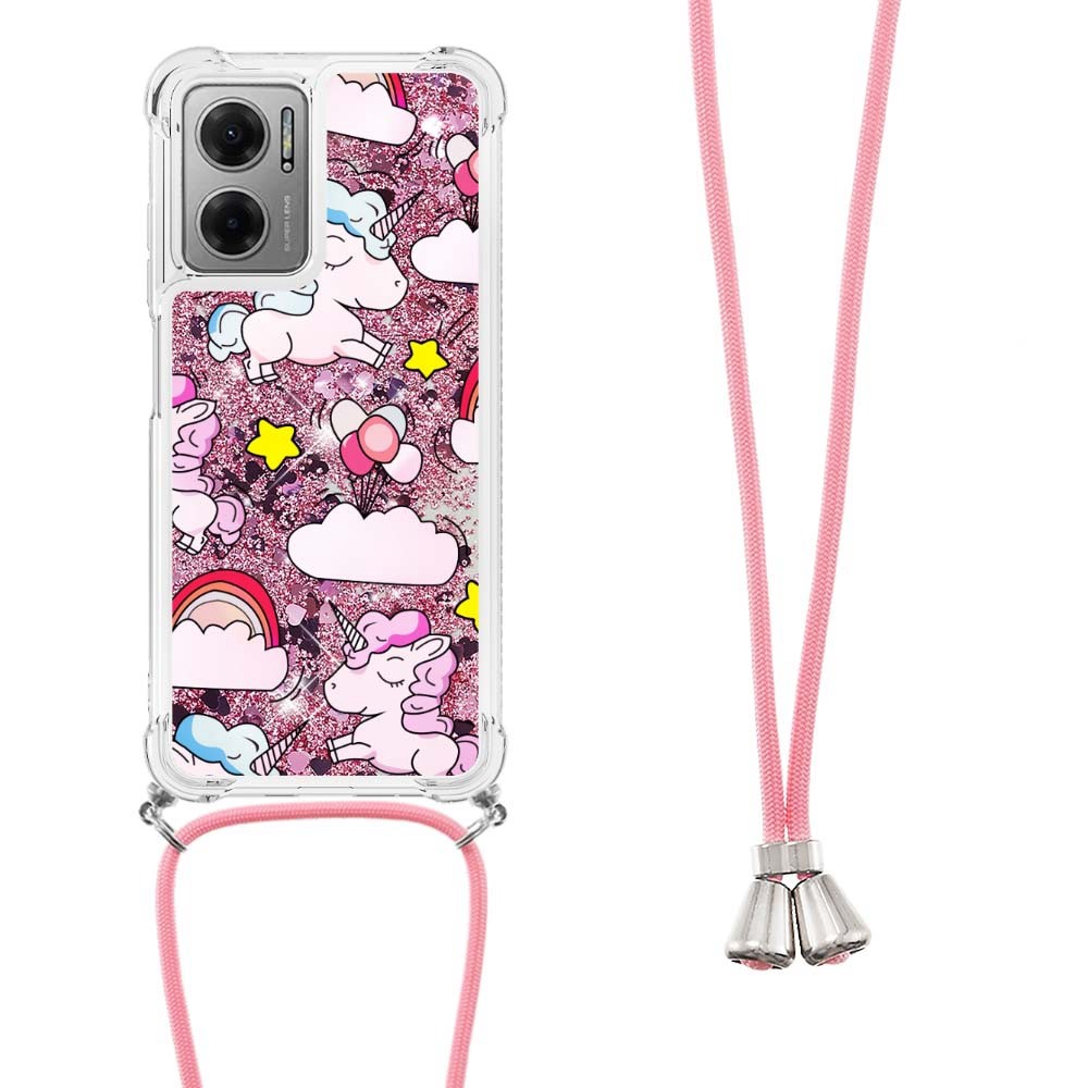 YB Quicksand Series-5 for Xiaomi Poco M4 5G/Redmi 10 5G Lanyard Anti-drop Pattern Printing Phone Case Moving Liquid Quicksand TPU Protector - Unicorn and Clouds-1