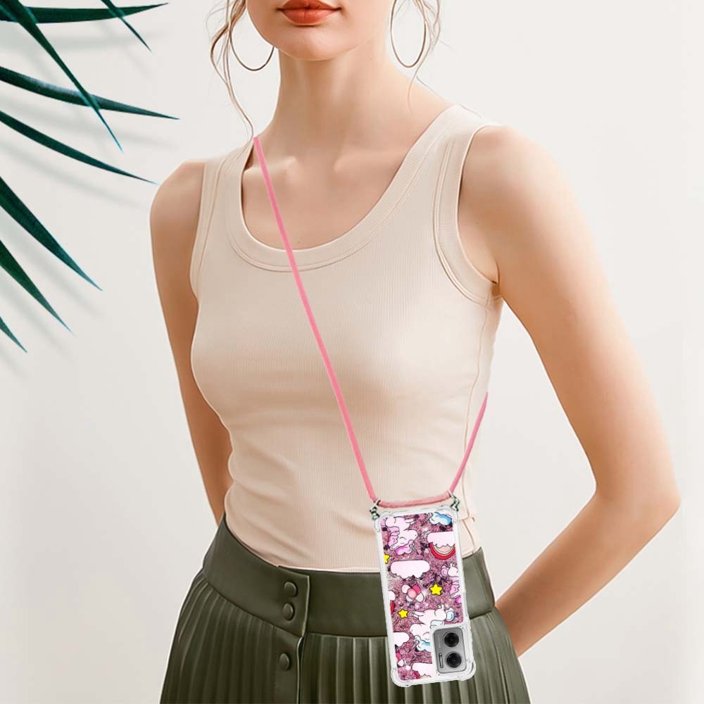 YB Quicksand Series-5 for Xiaomi Poco M4 5G/Redmi 10 5G Lanyard Anti-drop Pattern Printing Phone Case Moving Liquid Quicksand TPU Protector - Unicorn and Clouds-5