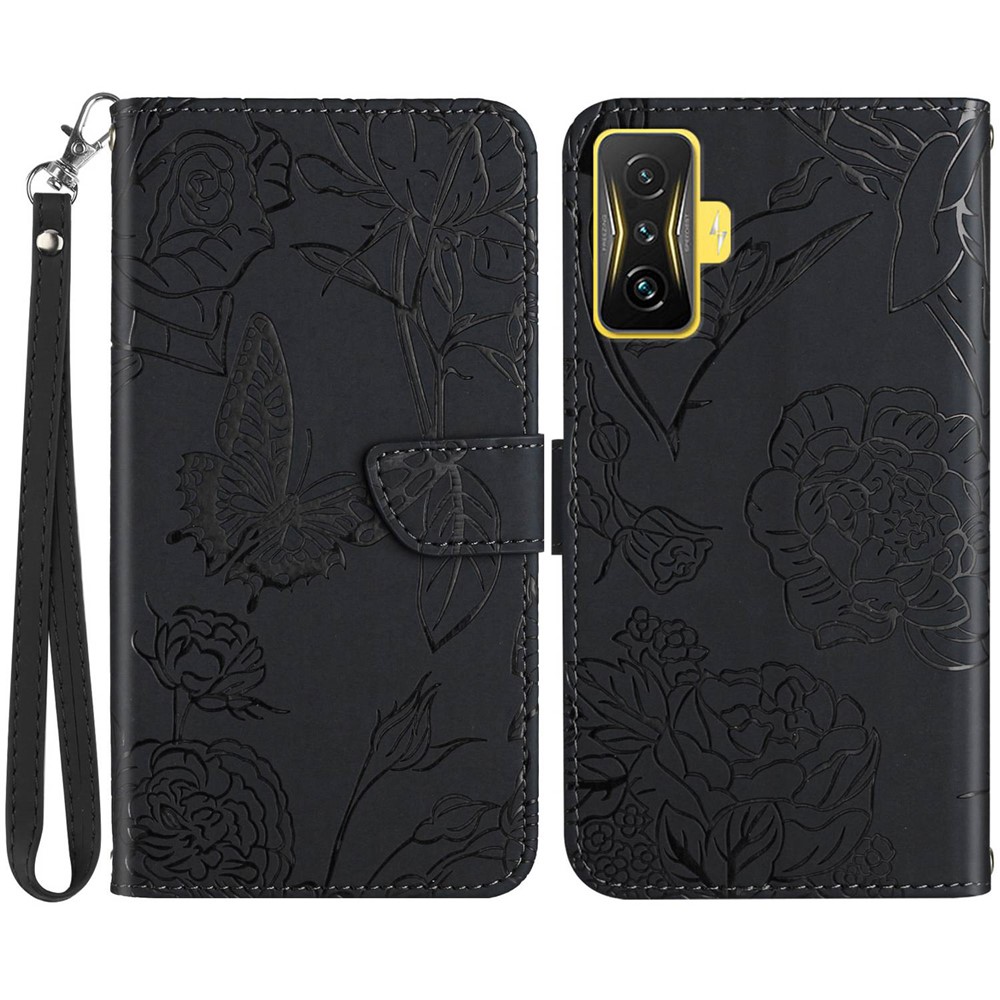 For Xiaomi Poco F4 GT/Redmi K50 Gaming Skin-touch Feeling PU Leather Magnetic Closure Case Imprinted Butterfly Flowers Wallet Flip Stand Cover with Wrist Strap - Black-1