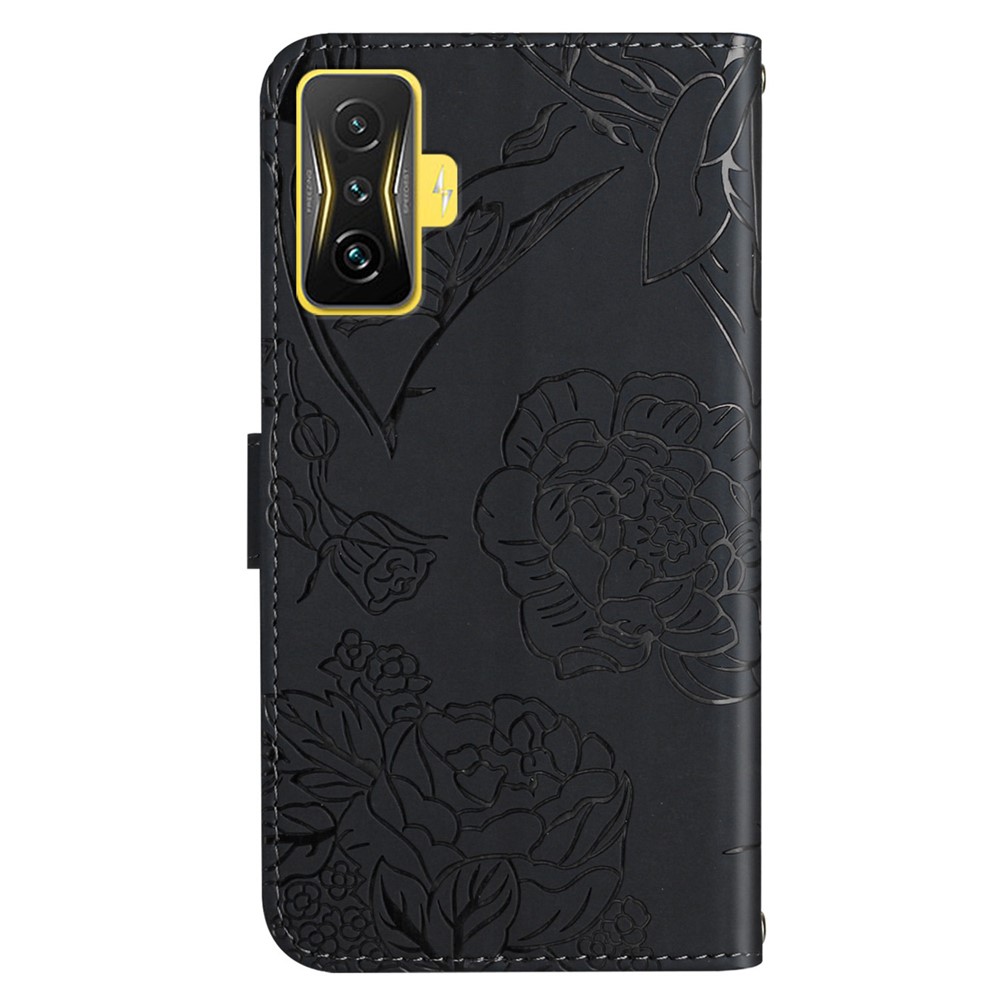 For Xiaomi Poco F4 GT/Redmi K50 Gaming Skin-touch Feeling PU Leather Magnetic Closure Case Imprinted Butterfly Flowers Wallet Flip Stand Cover with Wrist Strap - Black-10