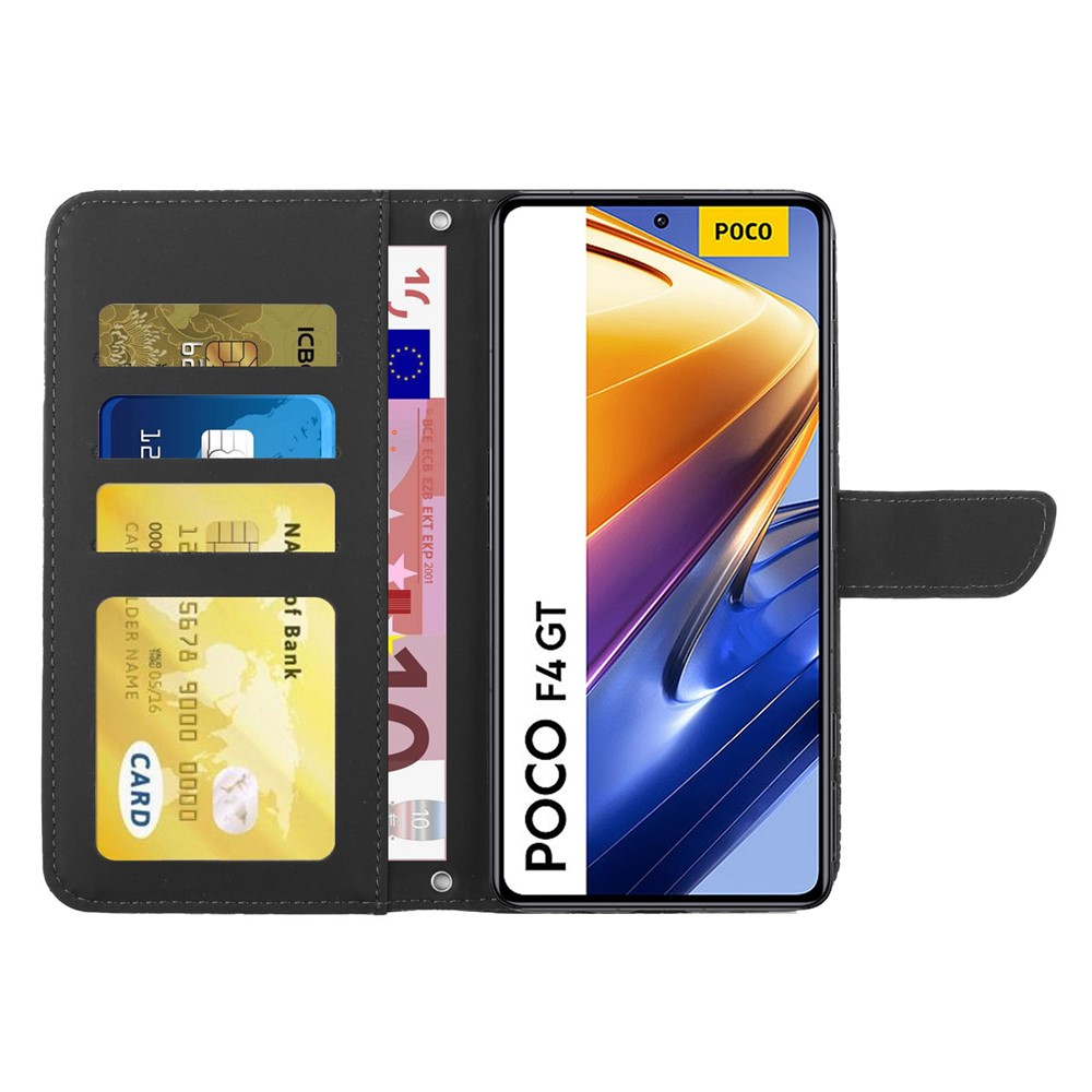 For Xiaomi Poco F4 GT/Redmi K50 Gaming Imprinted Butterfly Flowers Skin Feel Leather Case Wallet Stand Flip Shockproof Protective Cover with Shoulder Strap - Black-2