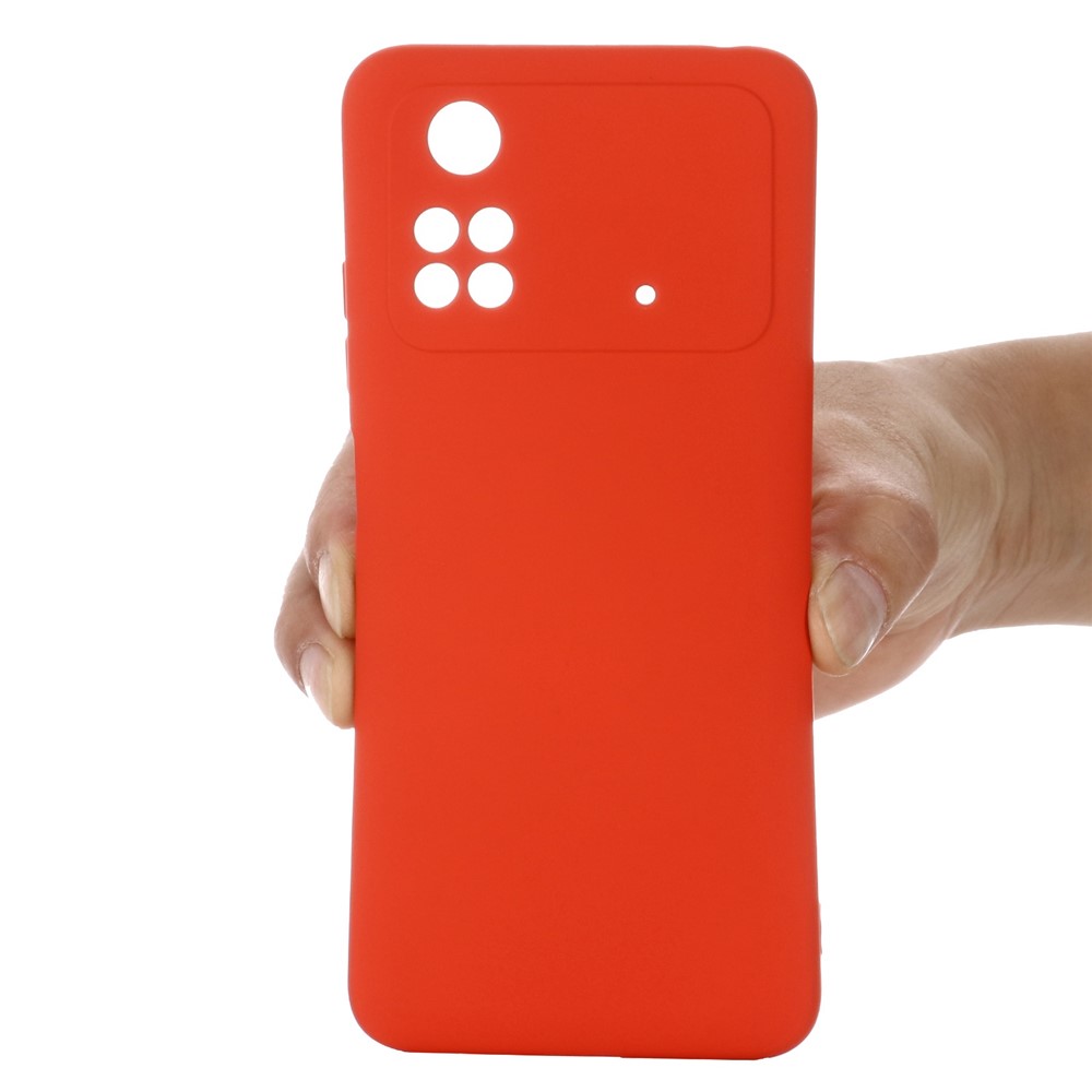 For Xiaomi Poco M4 Pro 4G Skin Touch Liquid Silicone Case Soft Microfiber Lining Precise Cutouts Camera Protection Shockproof Phone Protector with Strap - Red-5