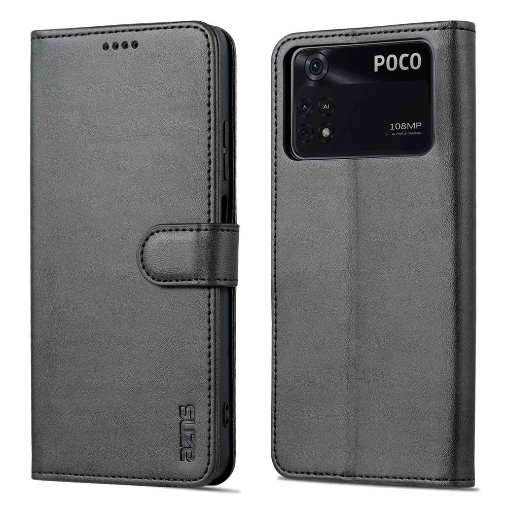 AZNS For Xiaomi Poco X4 Pro 5G PU Leather Wallet Flip Case Shockproof TPU Inner Shell Folio Stand View Bookstyle Cover - Black-1