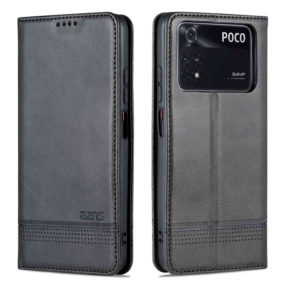 AZNS for Xiaomi Poco M4 Pro 4G PU Leather Folio Cover Stand Hidden Magnetic Adsorption Full Protection Wallet Flip Case - Black-1