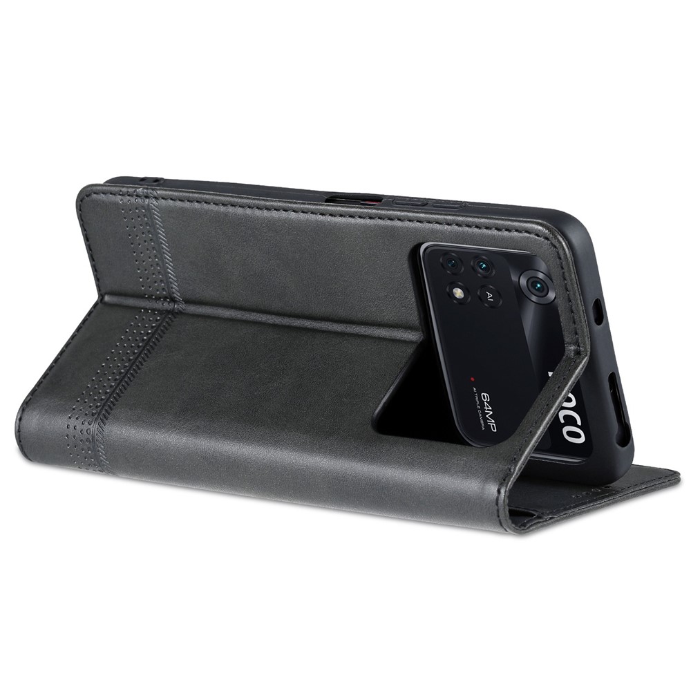 AZNS for Xiaomi Poco M4 Pro 4G PU Leather Folio Cover Stand Hidden Magnetic Adsorption Full Protection Wallet Flip Case - Black-4