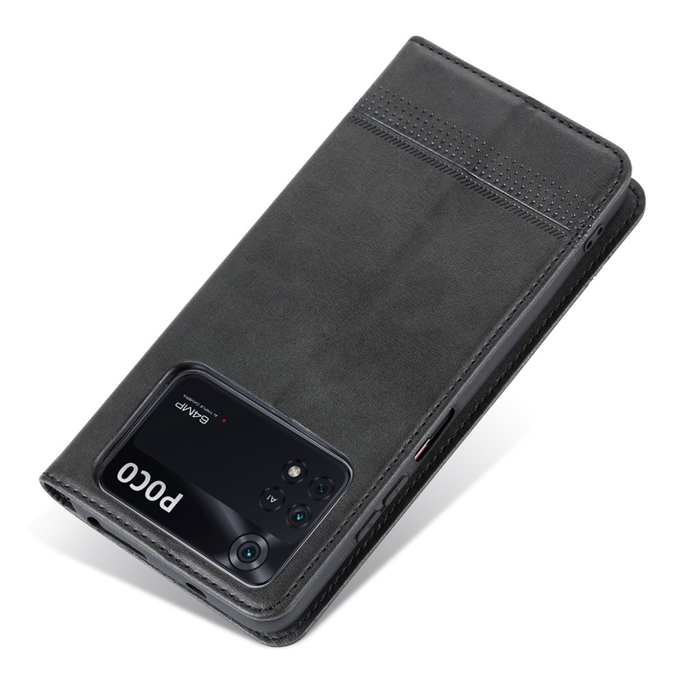 AZNS for Xiaomi Poco M4 Pro 4G PU Leather Folio Cover Stand Hidden Magnetic Adsorption Full Protection Wallet Flip Case - Black-8